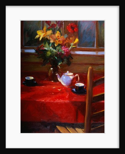 Flowers and Teapot on Red by Pam Ingalls