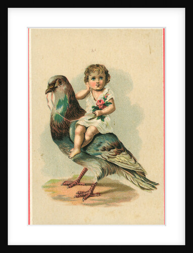 19th-Century Trade Card Depicting a Child Riding a Pigeon by Anonymous