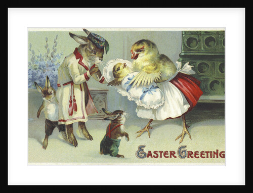Easter Greeting Postcard Depicting a Rabbit and Chick Family by Anonymous