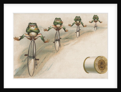 J & P Coats Trade Card of Frog Cyclists by Anonymous