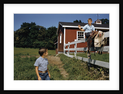 Boy Sitting on Fence Waving to Friend by Anonymous