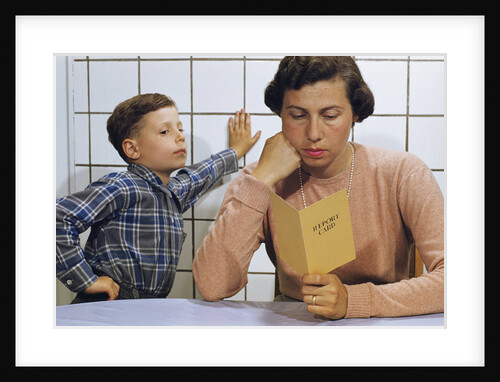 Disappointed Mother Reading Son's Report Card by Anonymous