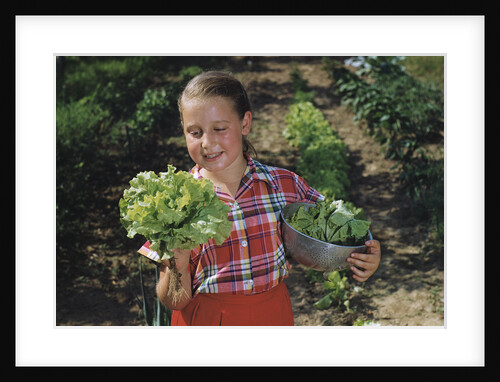 Girl Holding Head of Lettuce in Garden by Anonymous