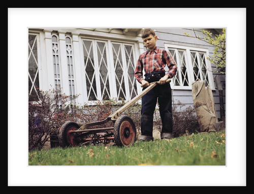 Boy Unhappily Mowing Lawn by Anonymous