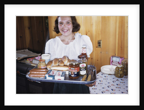 Girl Carrying Tray of Barbecue Items by Anonymous