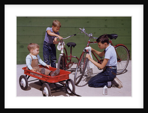 Boys Cleaning Their Bikes by Anonymous
