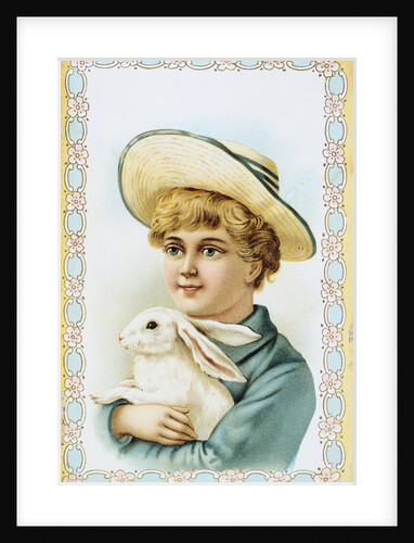 Postcard Depicting a Boy Holding a White Rabbit by Anonymous