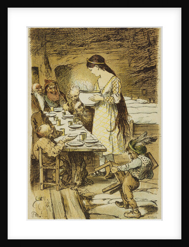 Book Illustration of Snow White Serving the Seven Dwarfs by Paul Menerheim