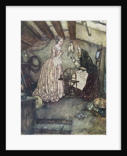 Illustration Depicting Sleeping Beauty Watching an Old Woman Spin by Edmund Dulac
