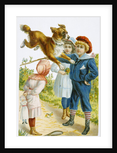Illustration Depicting Children with a Leaping Dog by Anonymous