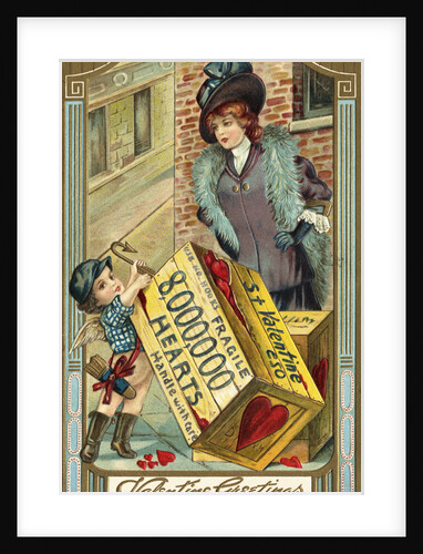 Valentine Greetings Postcard with Cupid's Crate of Hearts by Anonymous