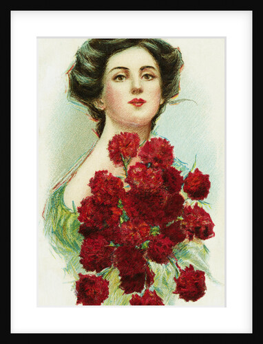 Postcard of Woman with Red Carnations by Anonymous