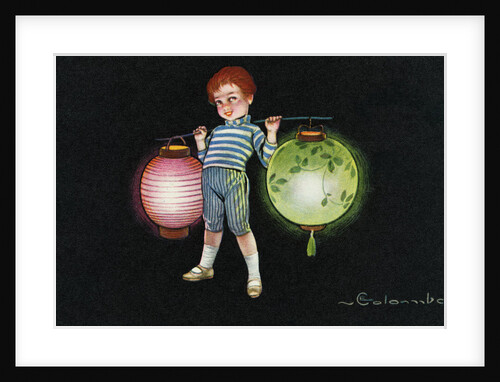 Postcard of Boy Carrying Paper Lanterns by E. Colombe
