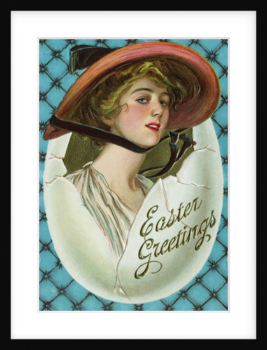 Easter Greetings Postcard of a Woman in an Egg by Anonymous