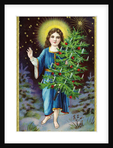 A Merry Christmas to You Postcard with an Angel Holding a Christmas Tree by Anonymous