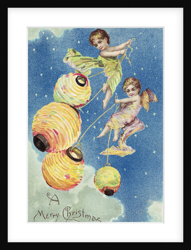 A Merry Christmas Postcard with Angels and Paper Lanterns by Anonymous