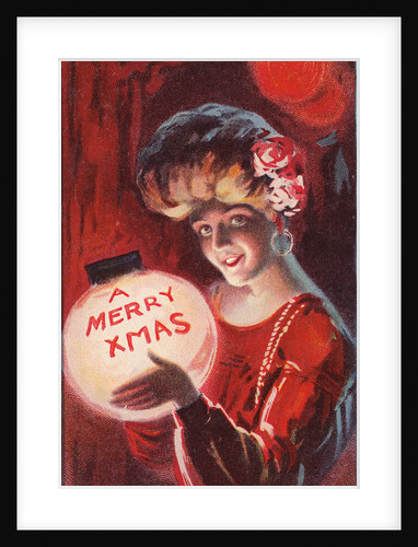 A Merry X Mas Postcard with a Woman Holding a Snowglobe by Anonymous