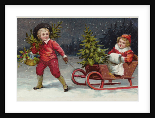 Postcard with Children and a Sleigh by Anonymous