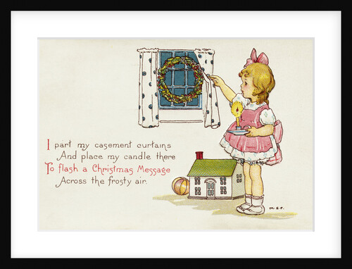 Christmas Postcard of Girl Looking Out of Window by Margaret Evans Price