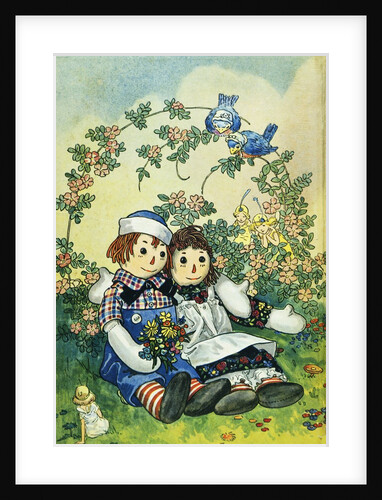 Illustration of Raggedy Ann and Raggedy Andy with Two Robins by Johnny Gruelle