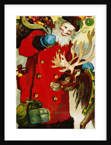 A Happy Christmas Postcard with Saint Nicholas and a Reindeer by Anonymous