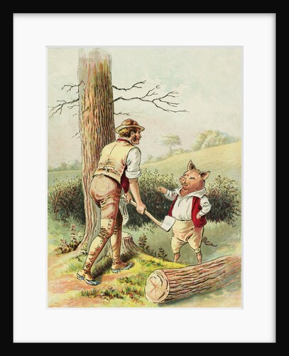 Illustration of One of the Three Little Pigs with a Woodcutter by Blanche Fisher Wright