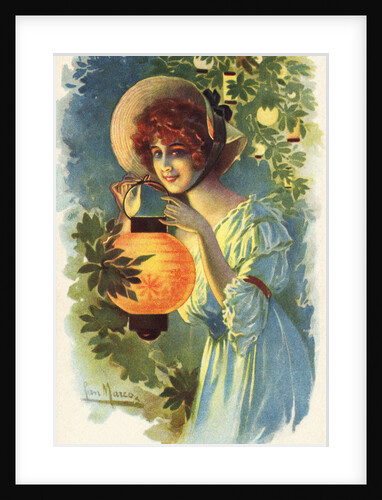 Postcard of a Woman with a Paper Lantern by Anonymous