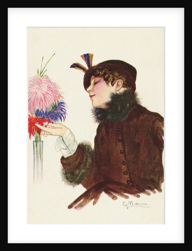 Postcard of a Woman Admiring Flowers by Anonymous