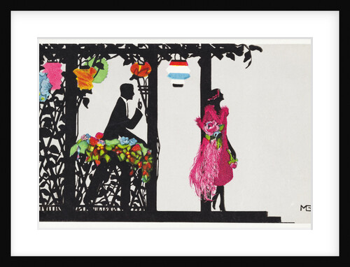 Postcard of a Man and a Woman in an Arbor with Paper Lanterns by Anonymous