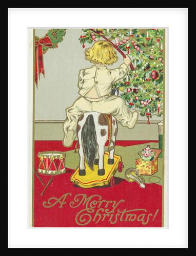 A Merry Christmas! Postcard of a Child on a Rocking Horse by Anonymous