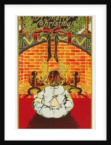 A Merry Christmas! Postcard of a Child Sitting in Front of a Fire by Anonymous