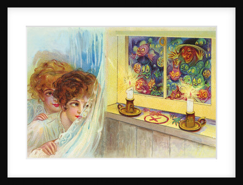 Postcard of Two Children Watching Goblins and a Witch by Anonymous