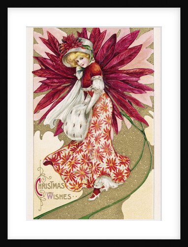 Christmas Wishes Postcard of a Woman and a Poinsettia by Anonymous