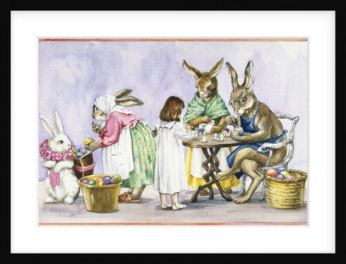 Illustration of a Girl Decorating Eggs with Giant Rabbit Family by Alexandra Day