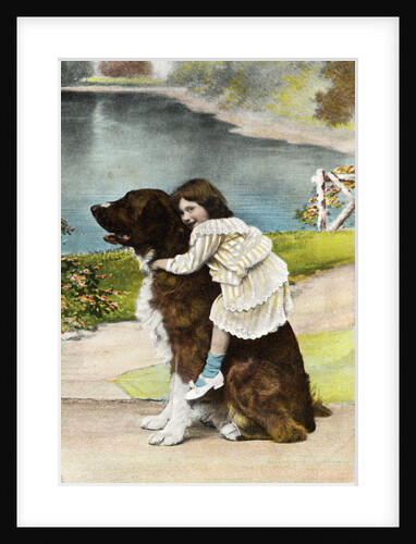 Color Print Postcard Showing Girl Hugging a Bernese Mountain Dog by Anonymous