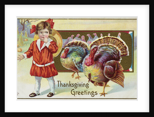 Thanksgiving Greetings Postcard with a Young Girl and Turkeys by Anonymous