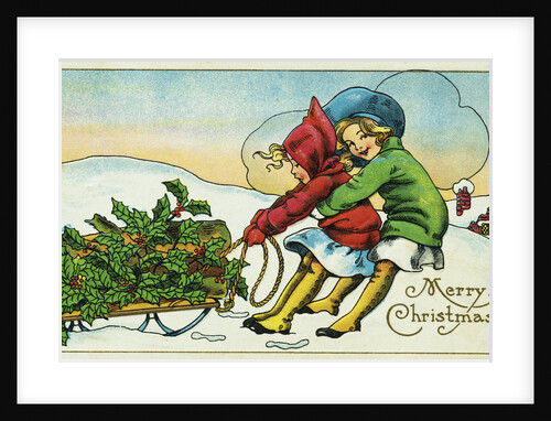 Merry Christmas Postcard with Two Girls Pulling a Sled by Anonymous
