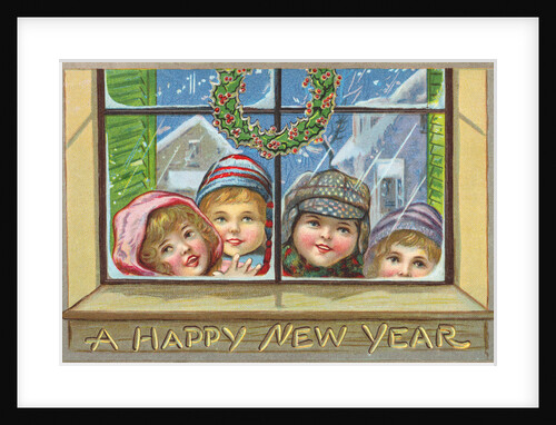 A Happy New Year Postcard of Children Peeking Through a Window by Anonymous