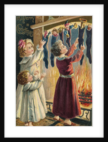 A Merry Christmas Postcard with Children and Christmas Stockings by Anonymous