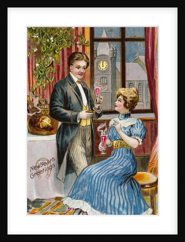 New Years Greetings Postcard with a Couple by Anonymous