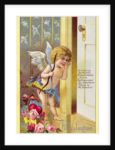 To My Valentine Postcard with Cupid Listening at Door by Anonymous