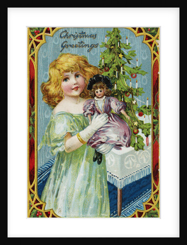 Christmas Greetings Postcard with a Girl and Doll by Anonymous