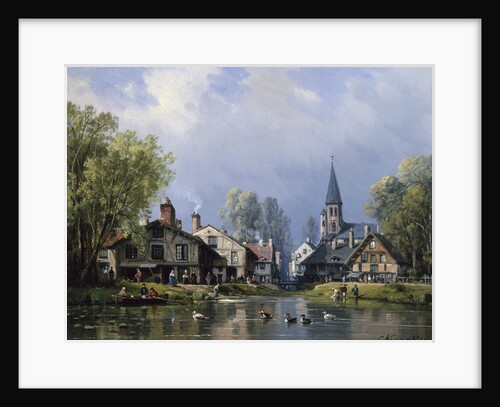 A Busy Riverside Village by Charles Euphrasie Kuwasseg