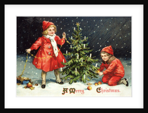 A Merry Christmas Postcard with Two Children Decorating Tree by Anonymous