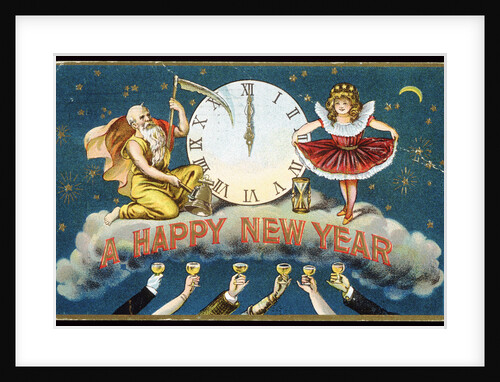 A Happy New Year Postcard with Father Time and a Young Girl by Anonymous