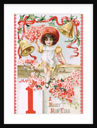 A Happy New Year Postcard with a Little Girl and Bells by Anonymous