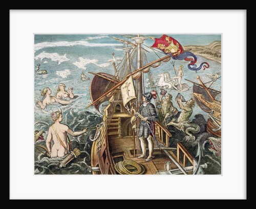 Engraving of Christopher Columbus Standing on His Ship by Anonymous