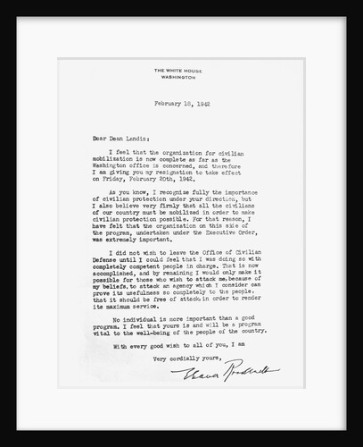 Letter from Eleanor Roosevelt to James Landis by Anonymous
