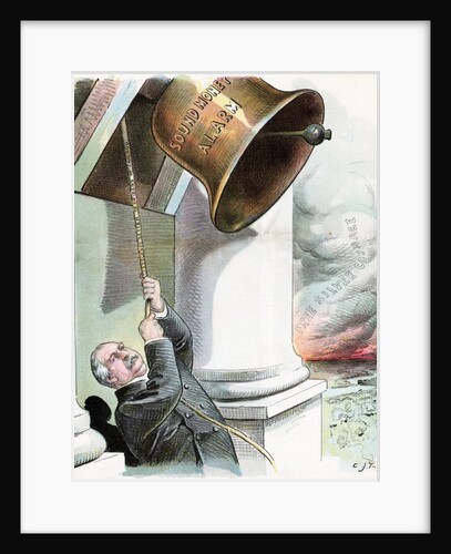 Political Cartoon of President Cleveland Pulling Bell by C.J. Taylor