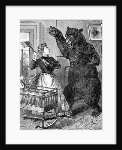 Woman With Axe Fights Bear; Woodcut by Anonymous
